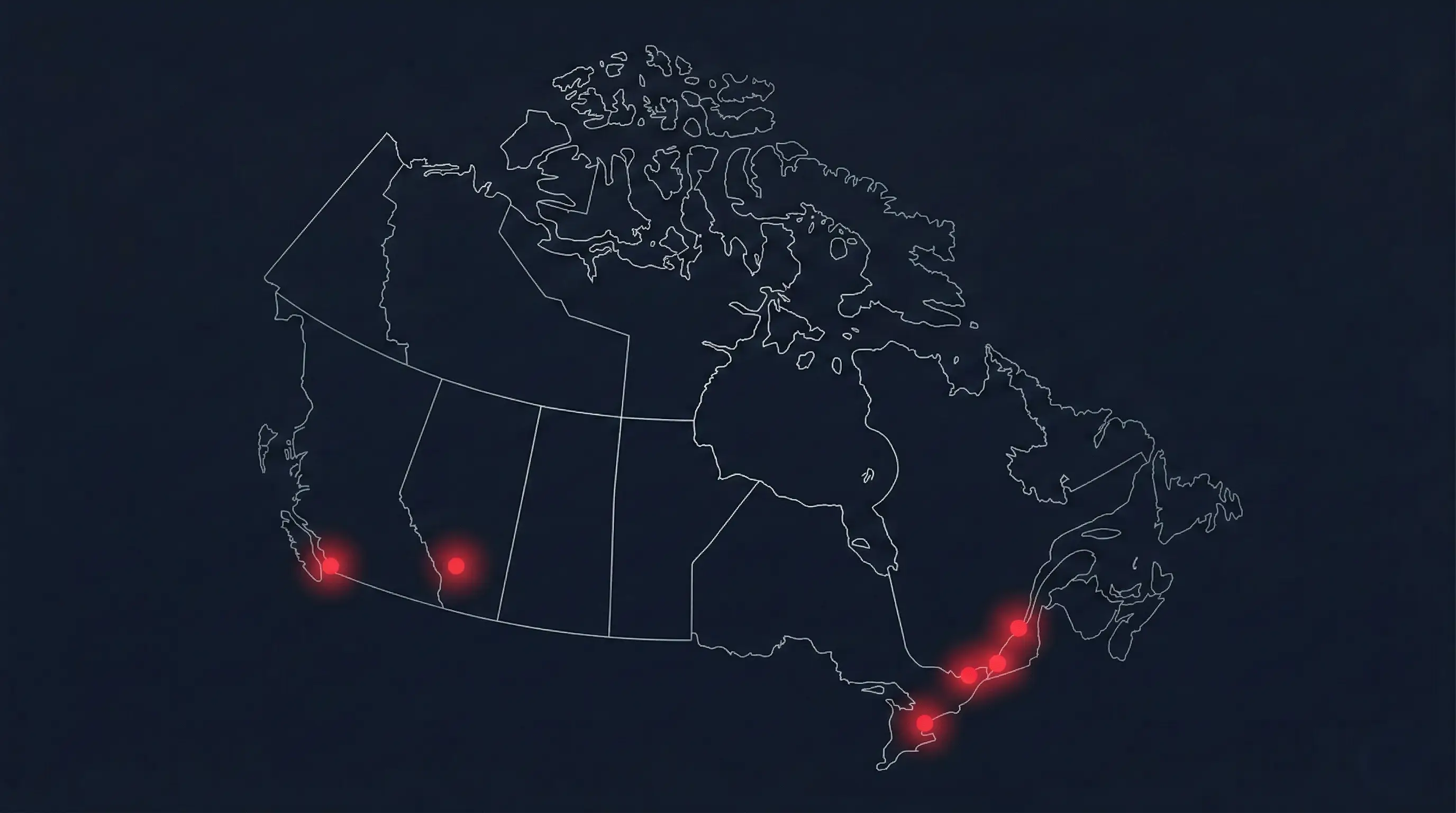 IPTV Canada coverage map — available in all provinces from Montreal, Toronto, Vancouver to Quebec City